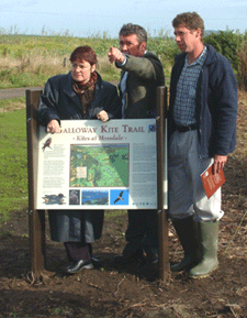 Sarah Boyack opens the Galloway Kite Trail with Chris Rollie (RSPB) and Keven Duffy (Red Kite development officer)